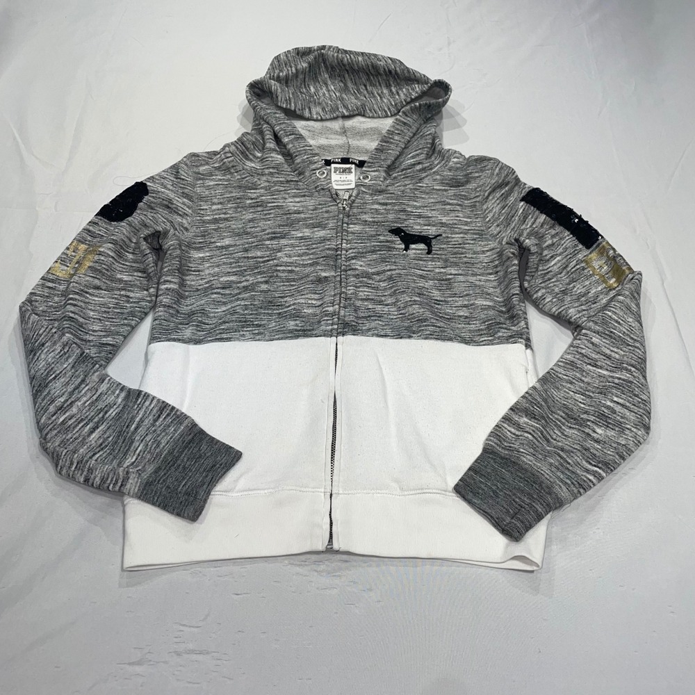 Victoria's Secret PINK Gray White Colorblock Sequin Zip Hoodie Small